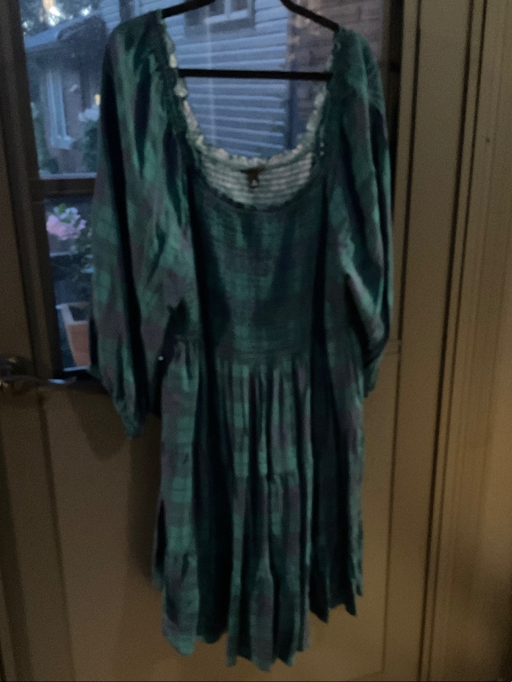 torrid Teal and Black Plaid Peasant Dress with Long Puff Sleeves